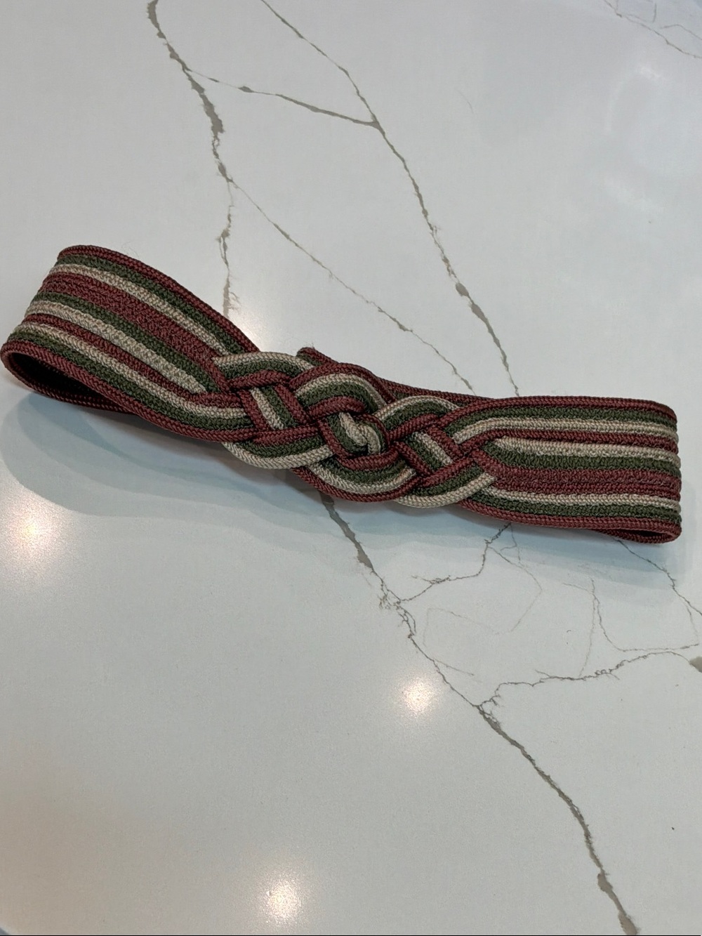 Vintage Karen Scott S/M Stripped Knotted Elastic Waist Belt Olive Burgundy Taupe